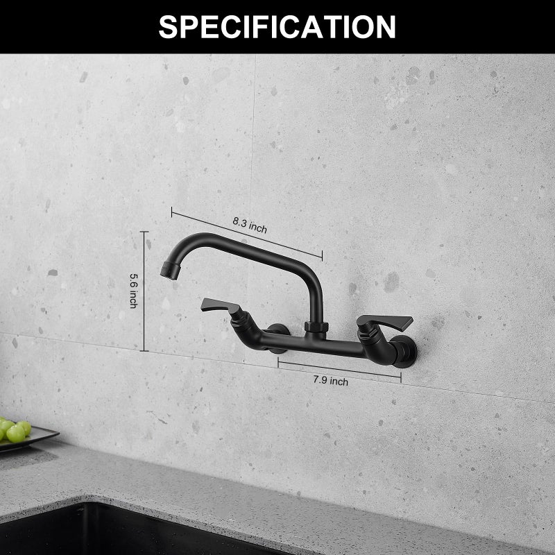 BWE الجدار المطبخ صنبور الصنبور غير اللامع أسود اثنين من مقابض المطبخ صنبور مع 8 بوصة دوار صنب - Image 2