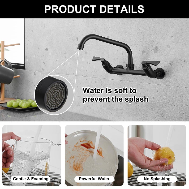 BWE الجدار المطبخ صنبور الصنبور غير اللامع أسود اثنين من مقابض المطبخ صنبور مع 8 بوصة دوار صنب - Image 3