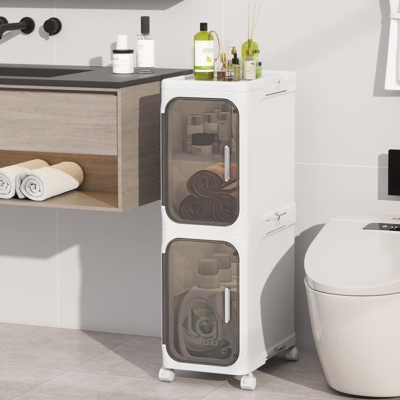 KHNR 2Tiers Slim Bathroom Storage Cabinet Foldable Storage CabinetsNarrow Bathroom StorageMovable Bathroom Storage Organizer for Small SpacesBathroomKitchenLaundryWhite