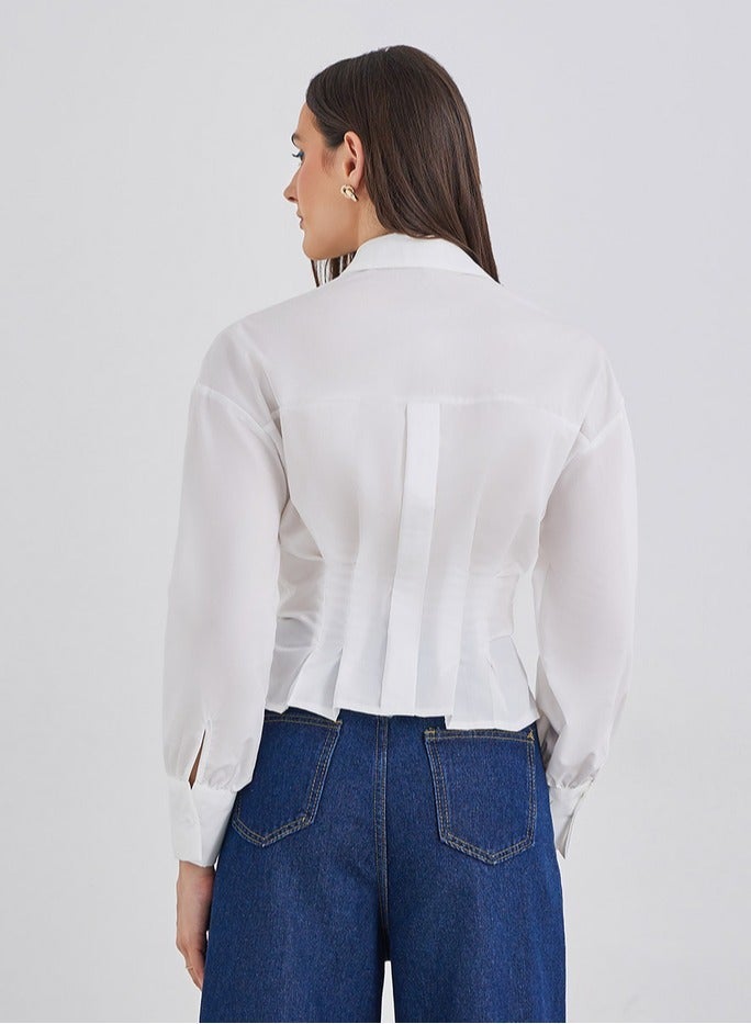 Styli White Fold Pleated Fitted Crop Shirt - Image 2