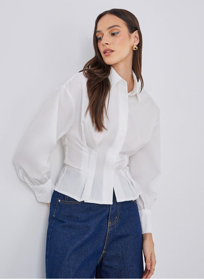 Styli White Fold Pleated Fitted Crop Shirt - Image 1