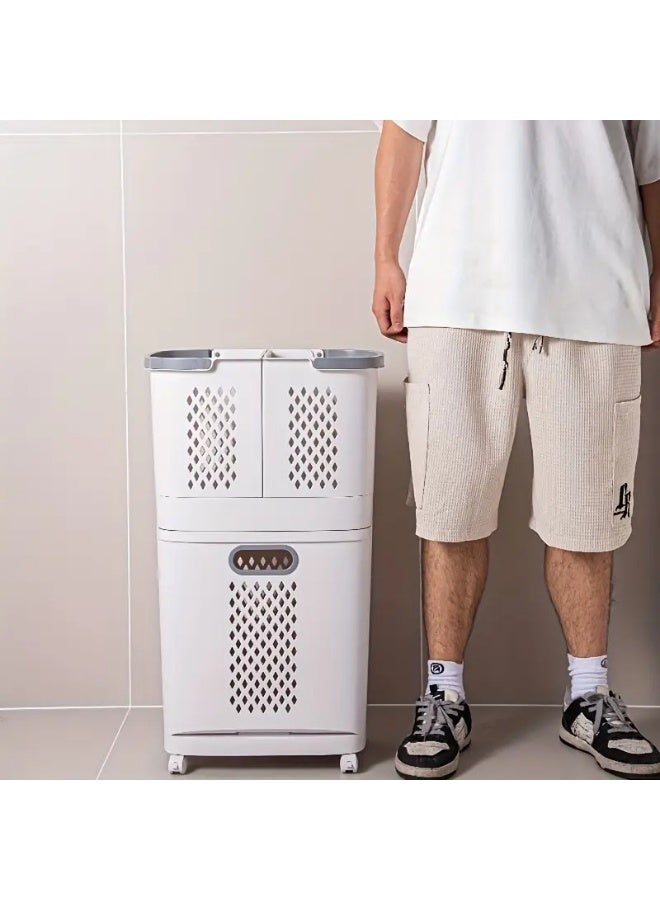 Macon Laundry Basket with Wheels, Movable 2-Tier Plastic Clothes Hamper Sorter, Rolling Laundry Storage Organizer for Bathroom, Bedroom & Kitchen. - Image 3