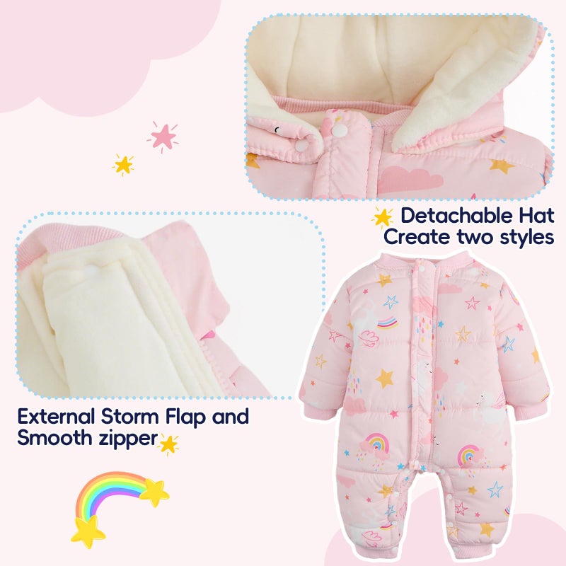 JiAmy Baby Snowsuit Baby Printed Winter Clothes Detachable Hat Warm Outfits Zipper Romper Coat Jumpsuit Pink Rainbow 6-9 Months - Image 5