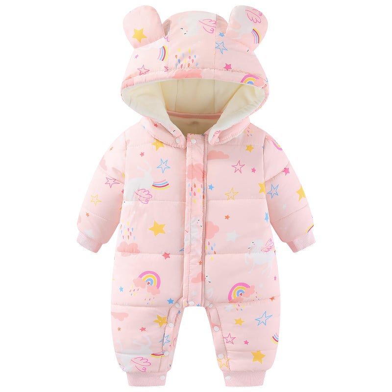 JiAmy Baby Snowsuit Baby Printed Winter Clothes Detachable Hat Warm Outfits Zipper Romper Coat Jumpsuit Pink Rainbow 6-9 Months - Image 1