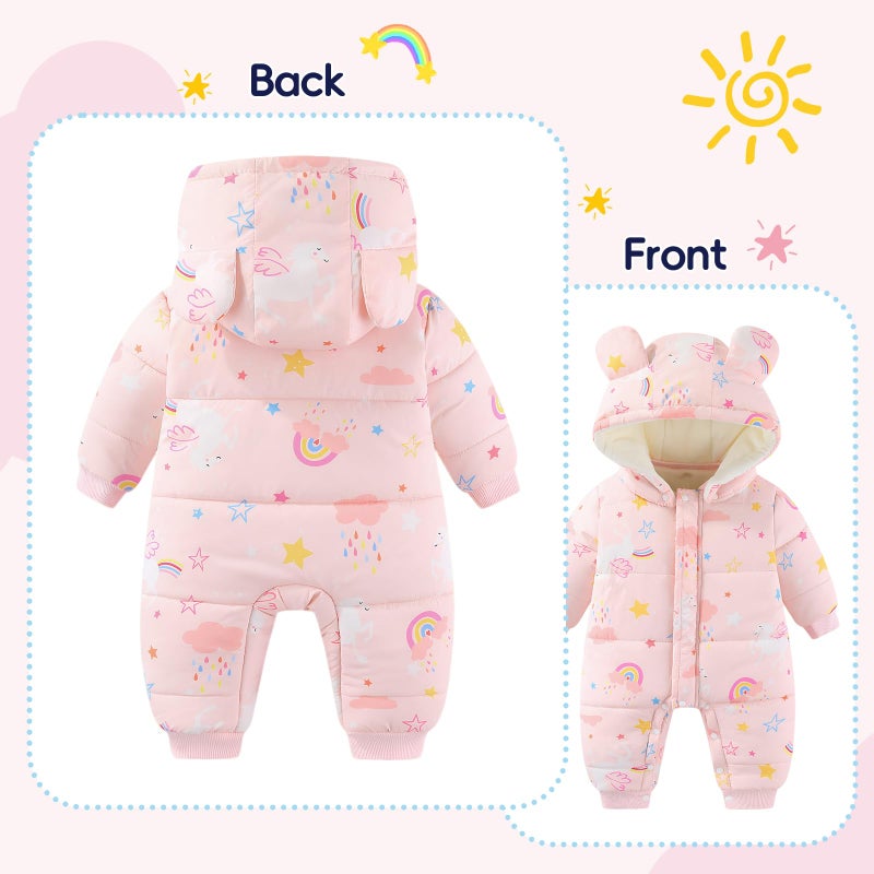 JiAmy Baby Snowsuit Baby Printed Winter Clothes Detachable Hat Warm Outfits Zipper Romper Coat Jumpsuit Pink Rainbow 6-9 Months - Image 4