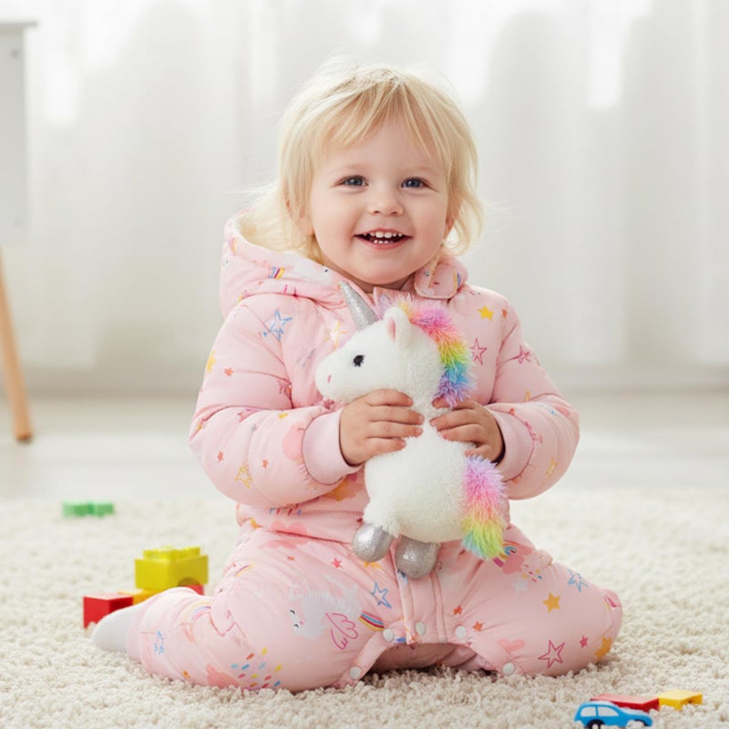 JiAmy Baby Snowsuit Baby Printed Winter Clothes Detachable Hat Warm Outfits Zipper Romper Coat Jumpsuit Pink Rainbow 6-9 Months - Image 2
