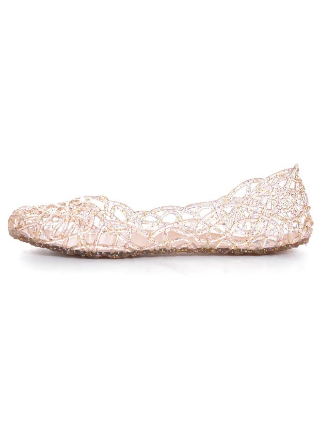 Stunner Womens Beach Jelly Shoes Slip on Crystal Summer Soft Hollow Ballet Flats Gold 387 - Image 4