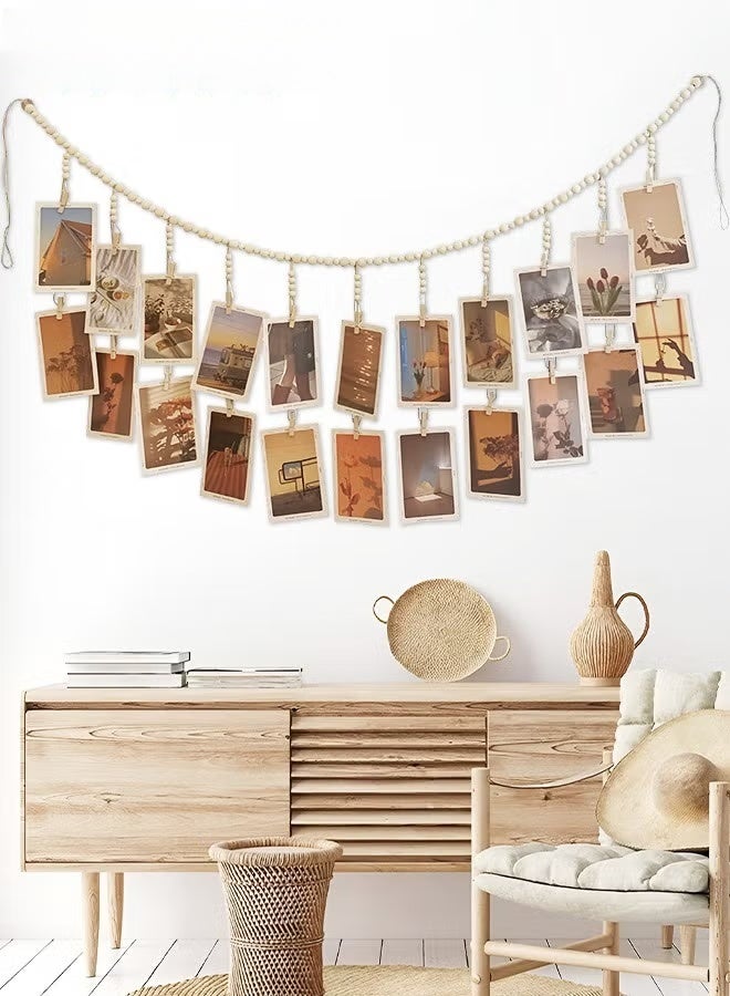EETU Hanging Photo Display,Wooden Bead Garland With 18 Clips,Boho Style Collage Photo Frame Decoration For Dorms,Classrooms,Bedrooms - Image 1