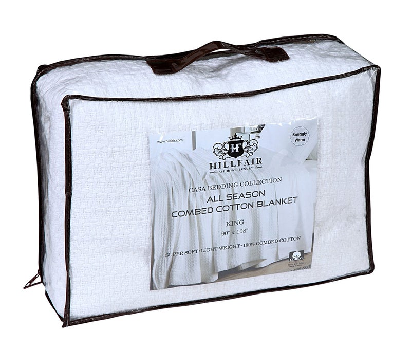 HILLFAIR بطانية هيلفير 100% قطن مصفّى - بطانية سرير كينغ - رمي ناعم مريح دافئ متعدد الاستخدامات لتزيين المنزل الفاخر - 90 x 108 بوصة بطانيات قطنية بحجم كينغ للسرير - بطانيات سرير لجميع الفصول - أبيض - Image 4