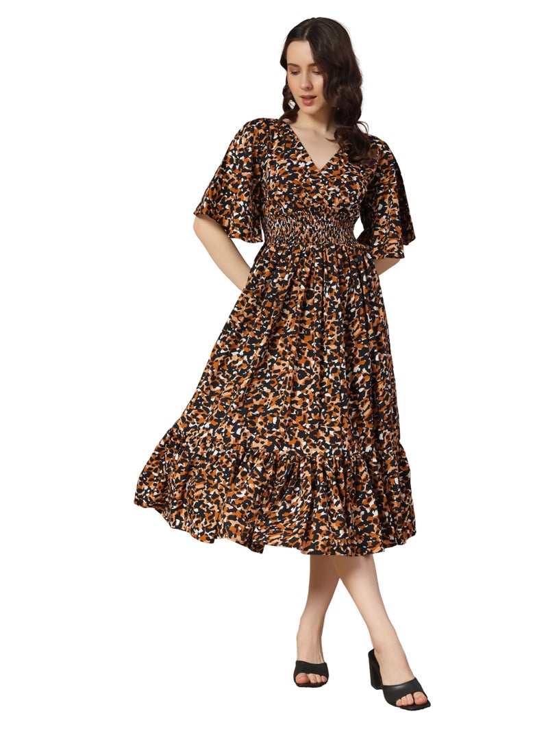 KZULLY | Beautiful Floral Pattern & Flared Sleeve | Print Midi Dress | Eye-Catching Design | Perfect for Casual, Office Flattering Fit and Soft, Comfortable Fabric - Image 5