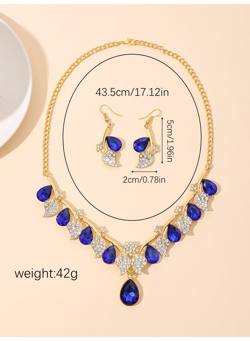 JAKTK Fashion teardrop-shaped diamond leaf necklace clavicle chain bridal earrings two-piece accessories multi-color dress accessories suitable for brides, bridesmaids, birthday gifts - Image 2