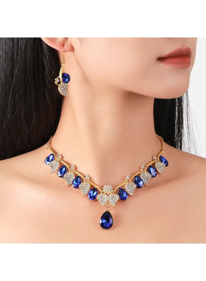 JAKTK Fashion teardrop-shaped diamond leaf necklace clavicle chain bridal earrings two-piece accessories multi-color dress accessories suitable for brides, bridesmaids, birthday gifts - Image 1