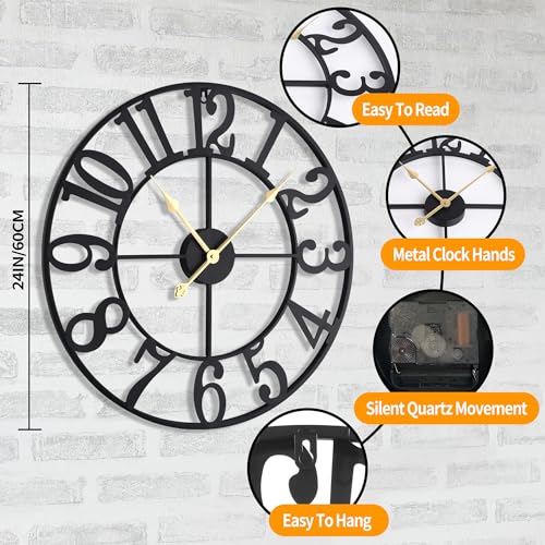 LEIKE Large Wall Clock, 24" Silent Non-Ticking, Battery Operated, Oversized, Decorative Retro Black Metal Clock for Living Room,Farmhouse, Dinner Room,Indoor, Outdoor Decor(60cm, Black Arabic Number) - Image 3