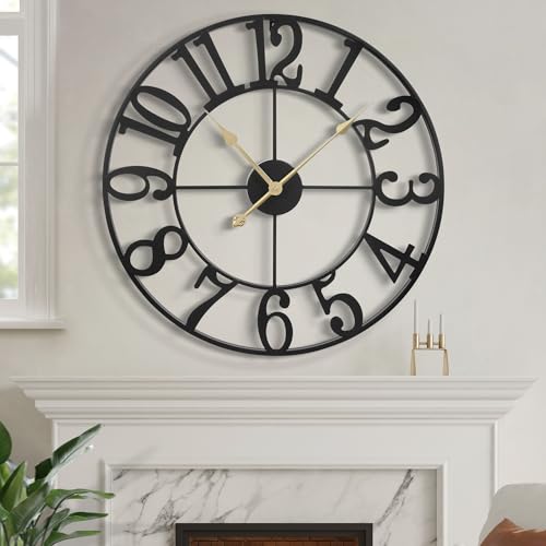 LEIKE Large Wall Clock, 24" Silent Non-Ticking, Battery Operated, Oversized, Decorative Retro Black Metal Clock for Living Room,Farmhouse, Dinner Room,Indoor, Outdoor Decor(60cm, Black Arabic Number) - Image 1