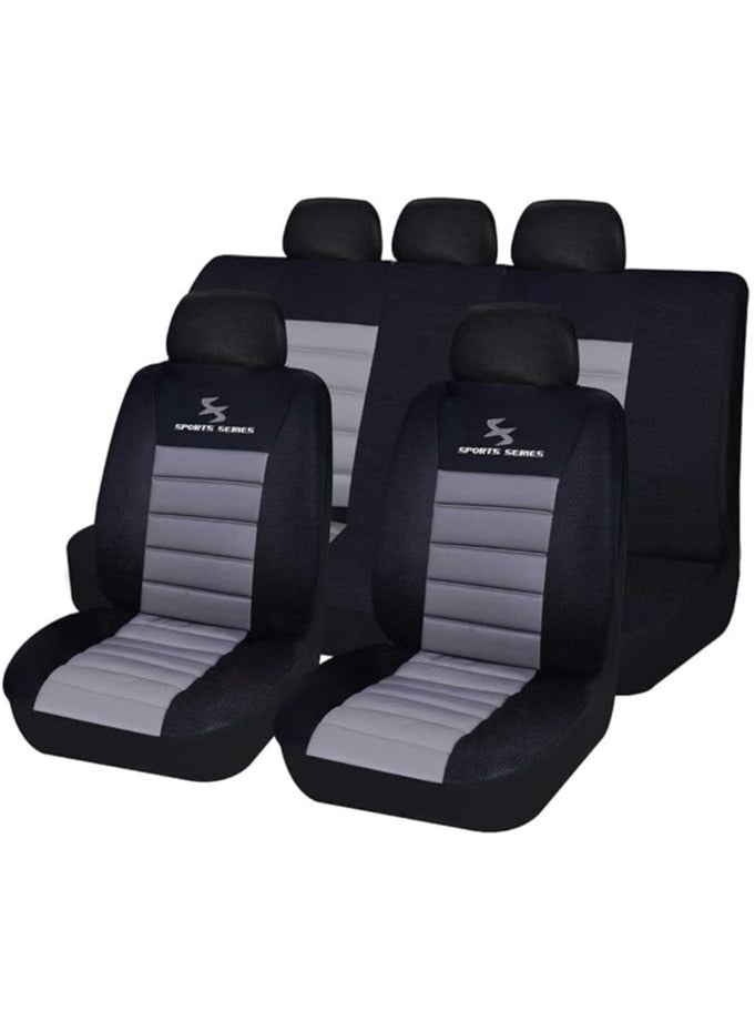 SHEZA STAR Universal Car Seat Cover for Car Seat protection Sports Series Universal Car Seat Covers Complete Set with Steering Wheel Cover, Headrest Cover Grey-Black