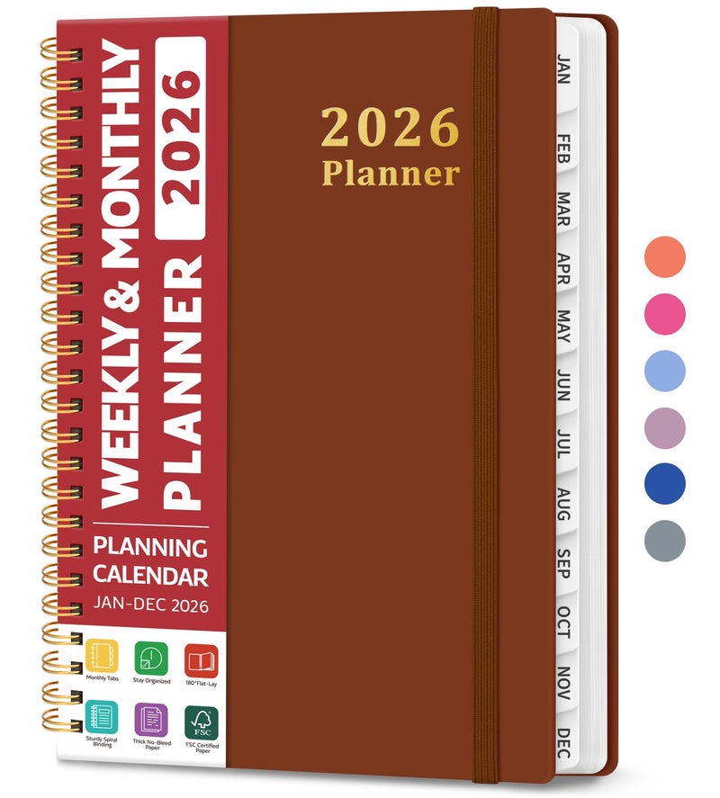 Taja 2026 Planner, Weekly and Monthly Calendar Planner, January 2026 - December 2026, Hardcover 2026 Calendar Book with Tabs For Women & Men, Inner Pocket, Spiral Bound, Perfect for Office Home School Supplies - A5 (6.3" x 8.5"), Rust Brown - Image 1
