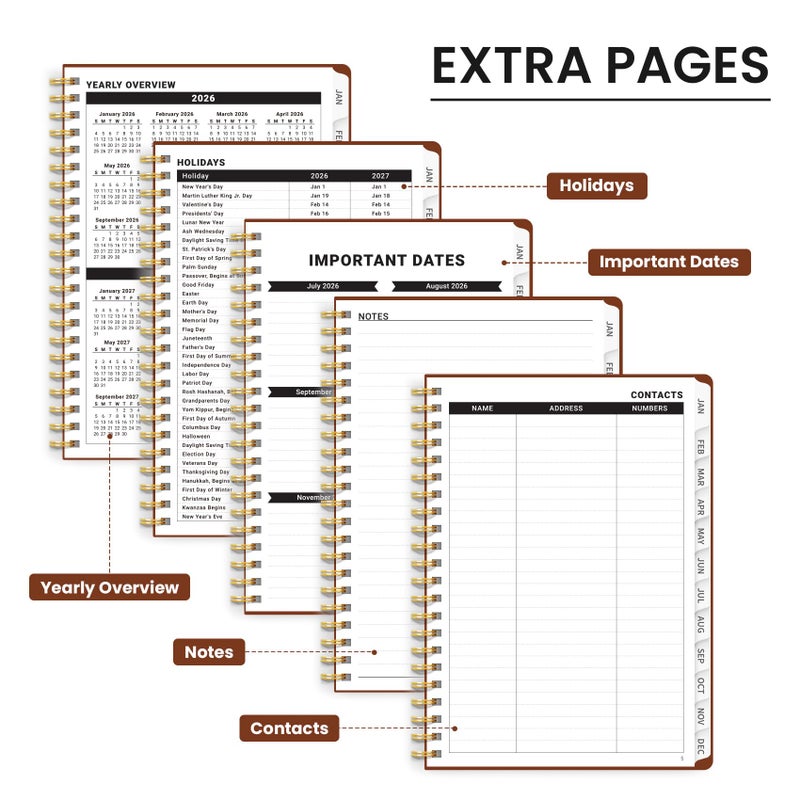 Taja 2026 Planner, Weekly and Monthly Calendar Planner, January 2026 - December 2026, Hardcover 2026 Calendar Book with Tabs For Women & Men, Inner Pocket, Spiral Bound, Perfect for Office Home School Supplies - A5 (6.3" x 8.5"), Rust Brown - Image 5