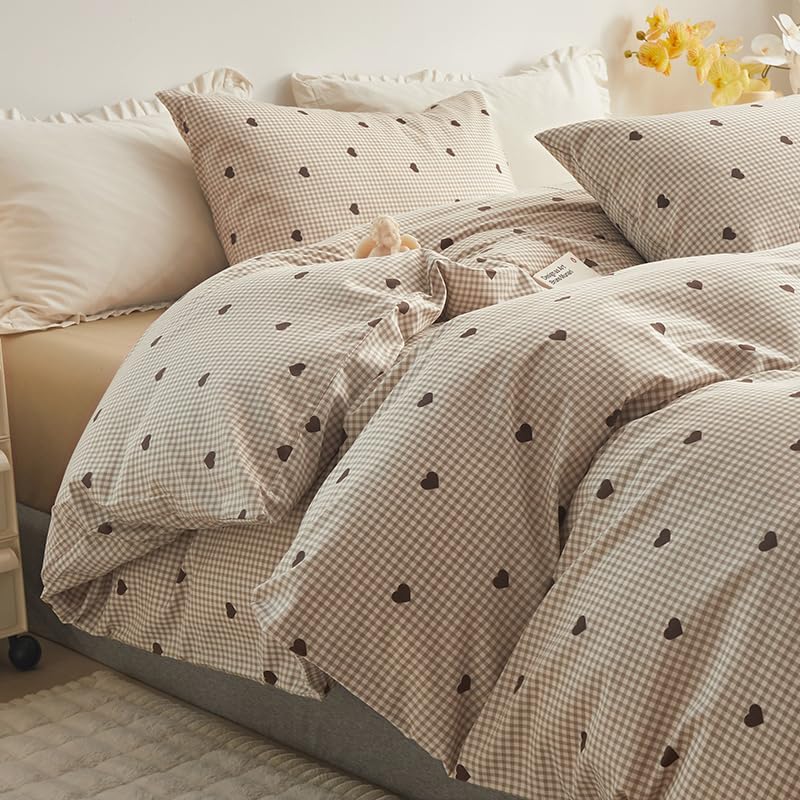 AMZTOP King Duvet Cover Set - Brown Plaid Gingham Comforter Cover with Zipper Closure - 3 Pieces, Includes 1 Duvet Cover& 2 Pillowcases, 100% Cotton King Size Bedding Sets for Teen Girls - Image 1