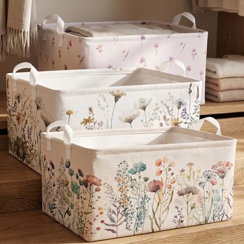 BBSET Wild Flowers Shelf Basket Floral Baby Shower Basket for Kids Girls Room Rectangle Clothes Toys Cube Storage Basket Flowers - Image 1