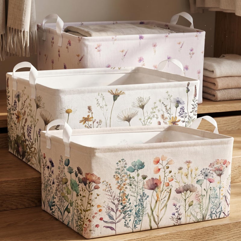 BBSET Wild Flowers Shelf Basket Floral Baby Shower Basket for Kids Girls Room Rectangle Clothes Toys Cube Storage Basket Flowers - Image 2