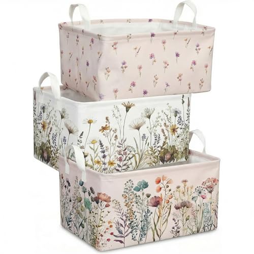 BBSET Wild Flowers Shelf Basket Floral Baby Shower Basket for Kids Girls Room Rectangle Clothes Toys Cube Storage Basket Flowers - Image 3