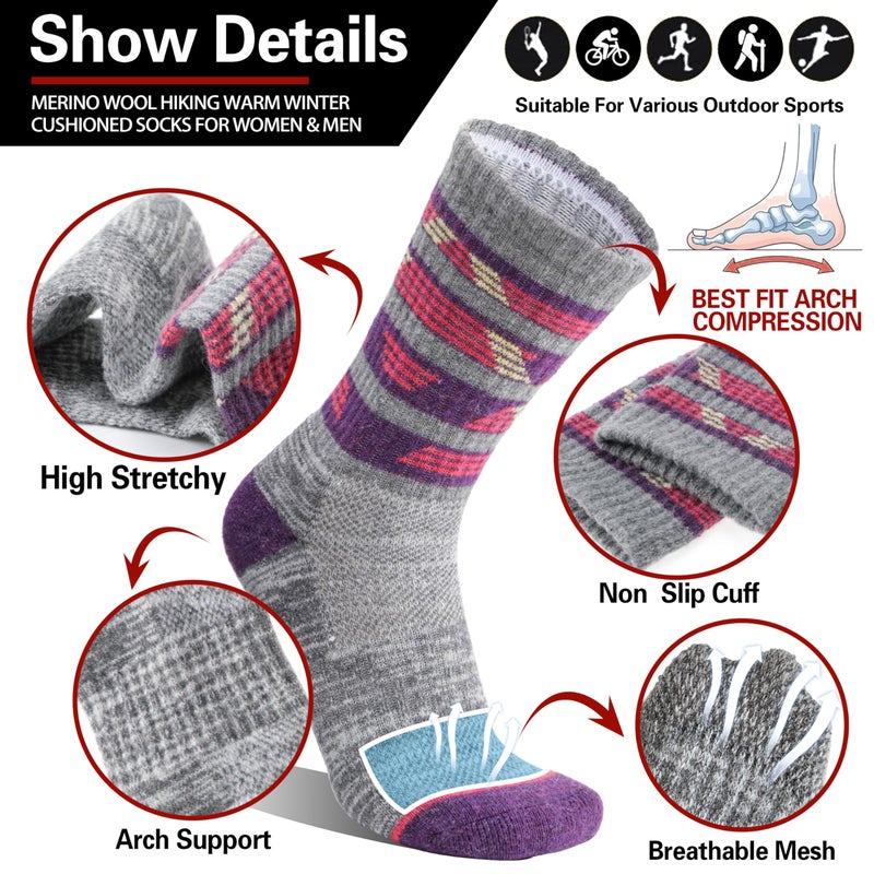 Welwoos Merino Wool Socks for Women Men Thermal Winter Warm Hiking Cozy Crew Work Gift Socks Stocking Stuffers 5 Pairs(Purple,M) - Image 2