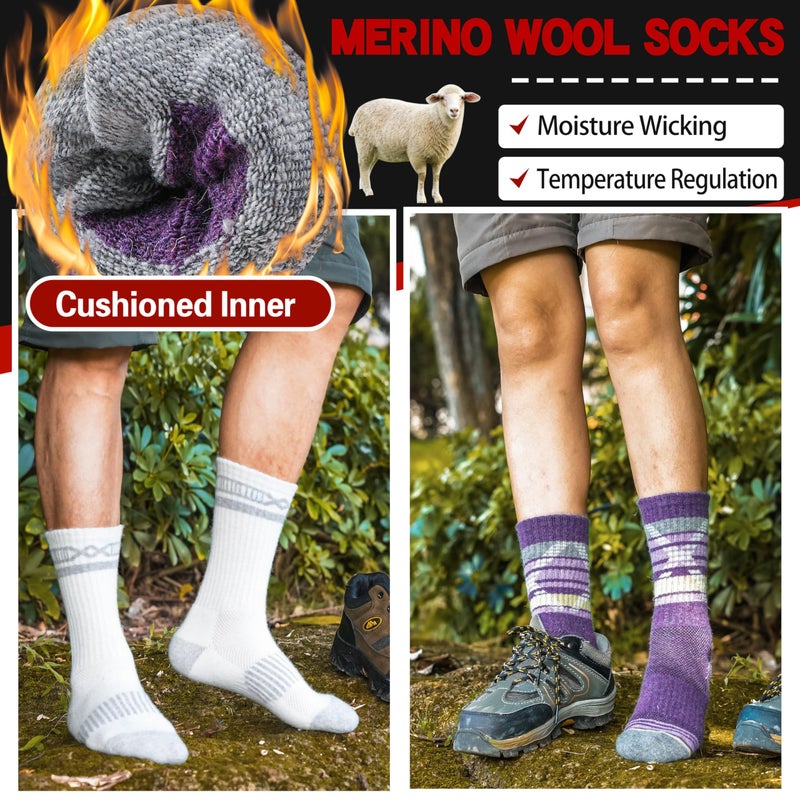 Welwoos Merino Wool Socks for Women Men Thermal Winter Warm Hiking Cozy Crew Work Gift Socks Stocking Stuffers 5 Pairs(Purple,M) - Image 3