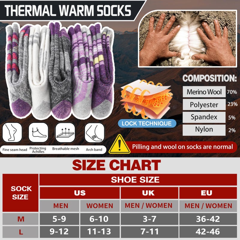 Welwoos Merino Wool Socks for Women Men Thermal Winter Warm Hiking Cozy Crew Work Gift Socks Stocking Stuffers 5 Pairs(Purple,M) - Image 5