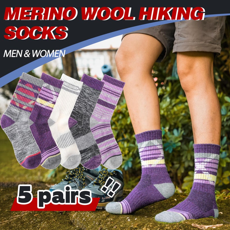 Welwoos Merino Wool Socks for Women Men Thermal Winter Warm Hiking Cozy Crew Work Gift Socks Stocking Stuffers 5 Pairs(Purple,M) - Image 4