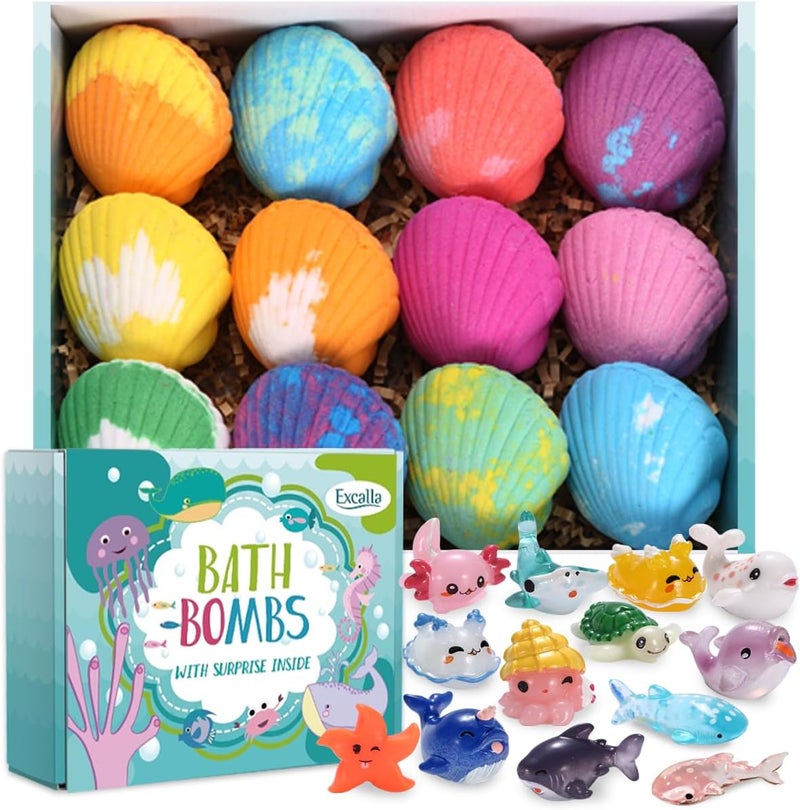 Excalla Bath Bombs for Kids with Toys Inside for Girls Boys  12 Handmade Kids Bubble Bath Fizzies Bomb with Surprise Sea Animals Toys Moisturize Gentle and Kids Safe