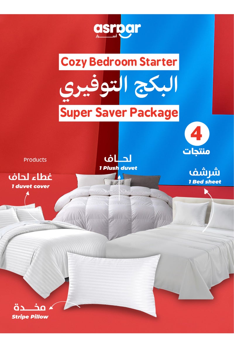 Asraar Cozy Bedroom Starter 4-Piece Set – Includes 1 Stripe Pillow 75 x 50cm, 1 Duvet 240 x 260cm, 1 Bed Sheet 180 x 200cm, and 1 Duvet Cover 240 x 260cm – Perfect for Comfortable Sleep and Modern Home Decor – Standard Size Bedding Essentials  - Image 1