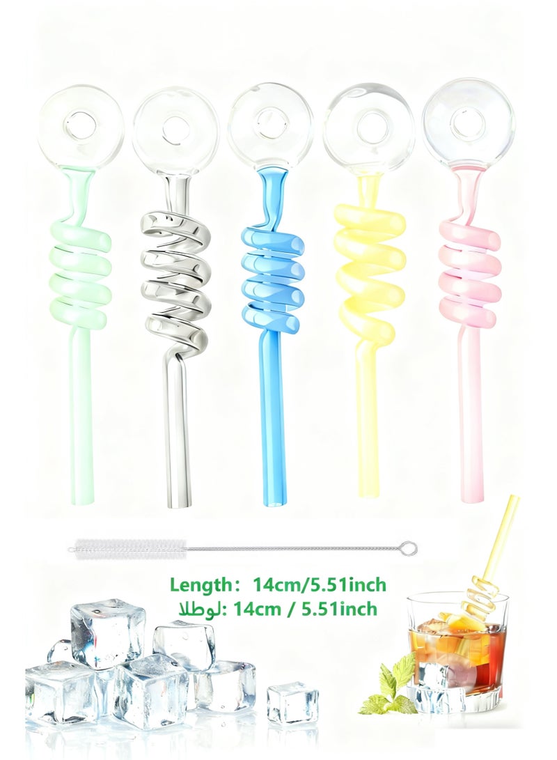 دي آند أل قش زجاجي قابل لإعادة الاستخدام ممتاز مجموعة 5 قطع ملونة دوامة منحنية القش مع تنظيف فرشاة حجم 14 سم / 5.51 بوصة صديقة للبيئة أدوات المشروبات للمنزل والحزب عصير القهوة - Image 1