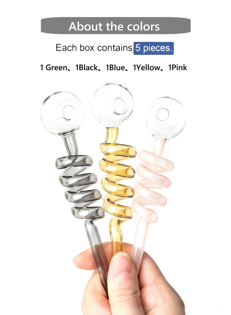 دي آند أل قش زجاجي قابل لإعادة الاستخدام ممتاز مجموعة 5 قطع ملونة دوامة منحنية القش مع تنظيف فرشاة حجم 14 سم / 5.51 بوصة صديقة للبيئة أدوات المشروبات للمنزل والحزب عصير القهوة - Image 3