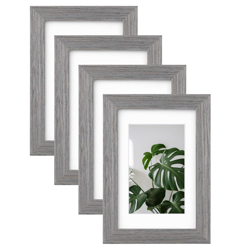 Egofine 4x6 Picture Frames Set of 4 Made of Solid Wood Covered by Plexiglass 35x5 with Mat or 4x6 without Mat for Table Top Display and Wall Mounting Photo Frame Light Grey
