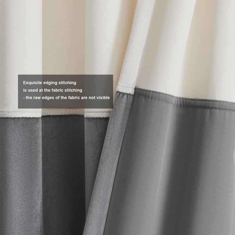 BULBUL Color Block Window Curtains Panels 84 inches Long Cream Ivory Grey Polyester Velvet Farmhouse Drapes for Bedroom Living Room Darkening Treatment with Grommet Set of 2 - Image 3