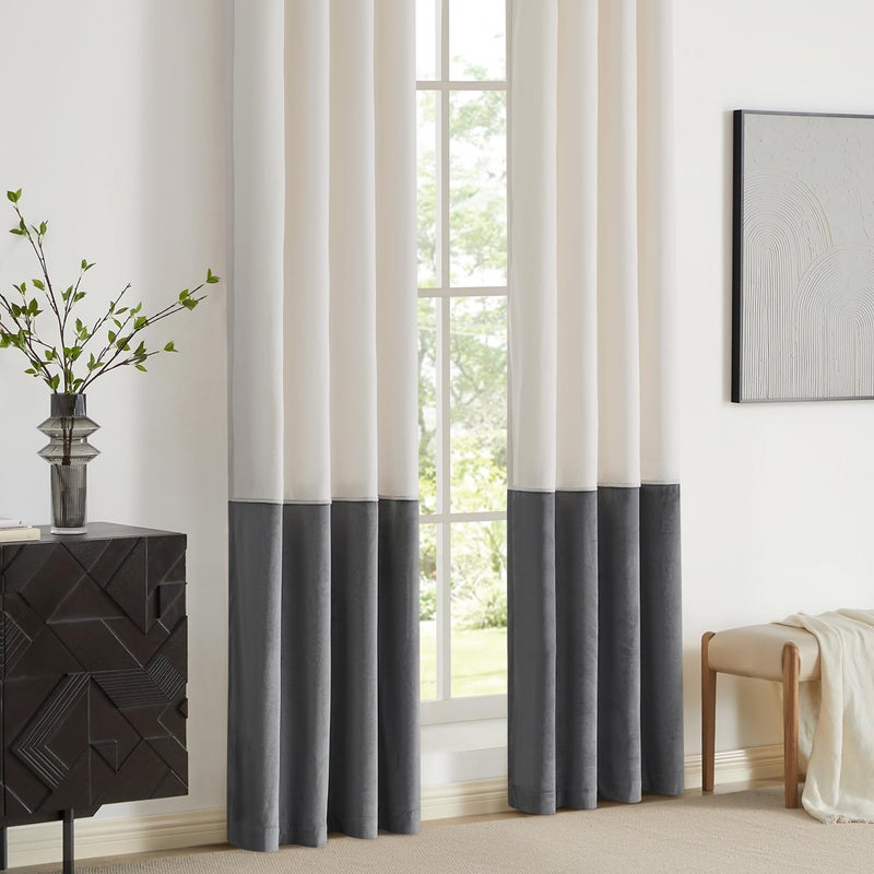 BULBUL Color Block Window Curtains Panels 84 inches Long Cream Ivory Grey Polyester Velvet Farmhouse Drapes for Bedroom Living Room Darkening Treatment with Grommet Set of 2 - Image 4