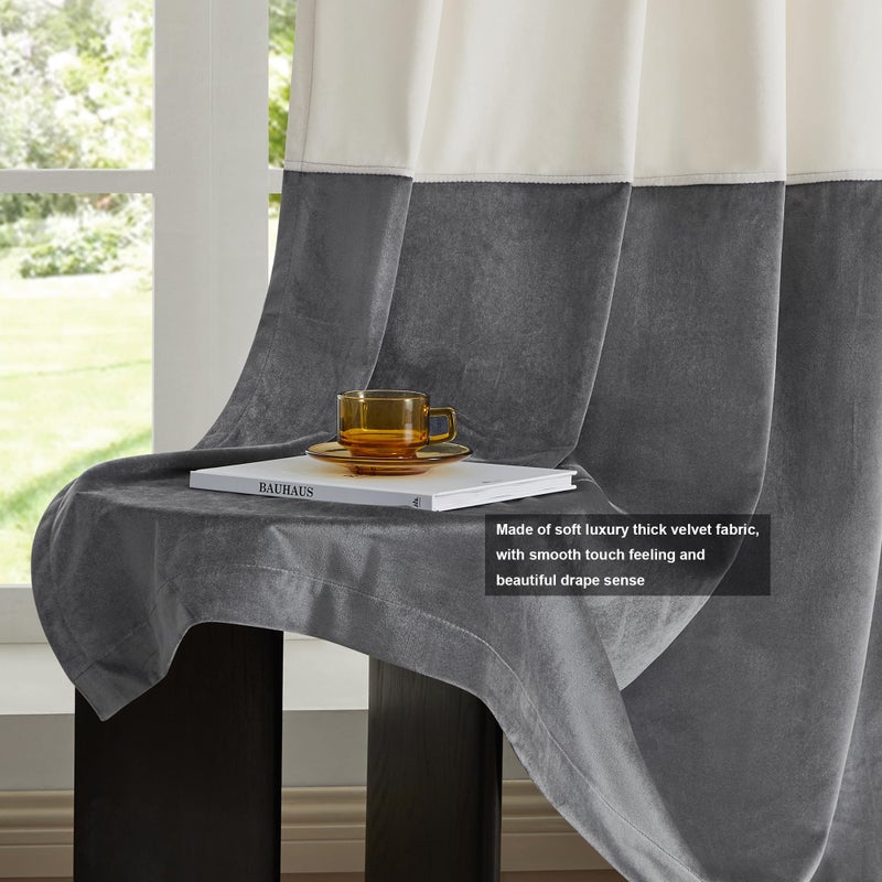 BULBUL Color Block Window Curtains Panels 84 inches Long Cream Ivory Grey Polyester Velvet Farmhouse Drapes for Bedroom Living Room Darkening Treatment with Grommet Set of 2 - Image 5