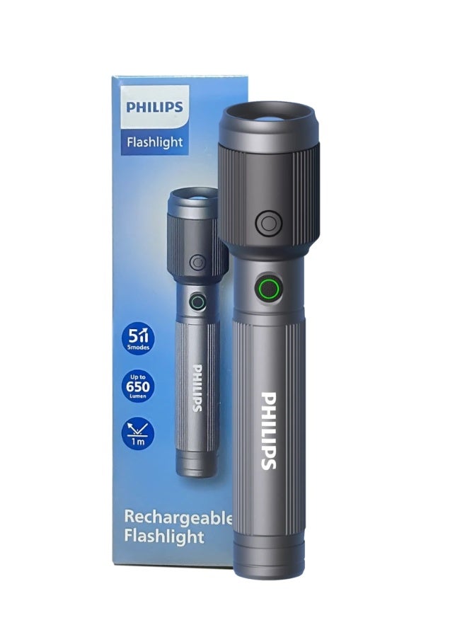 PHILIPS Rechargeable LED Flashlight & Camping Light 400 Lumens | 150m Range | 2200mAh Battery | USB‑C Charging | Stepless Dimming | IP44 Waterproof Portable Torch SFL1183/56 Grey & Black 32×23×149mm