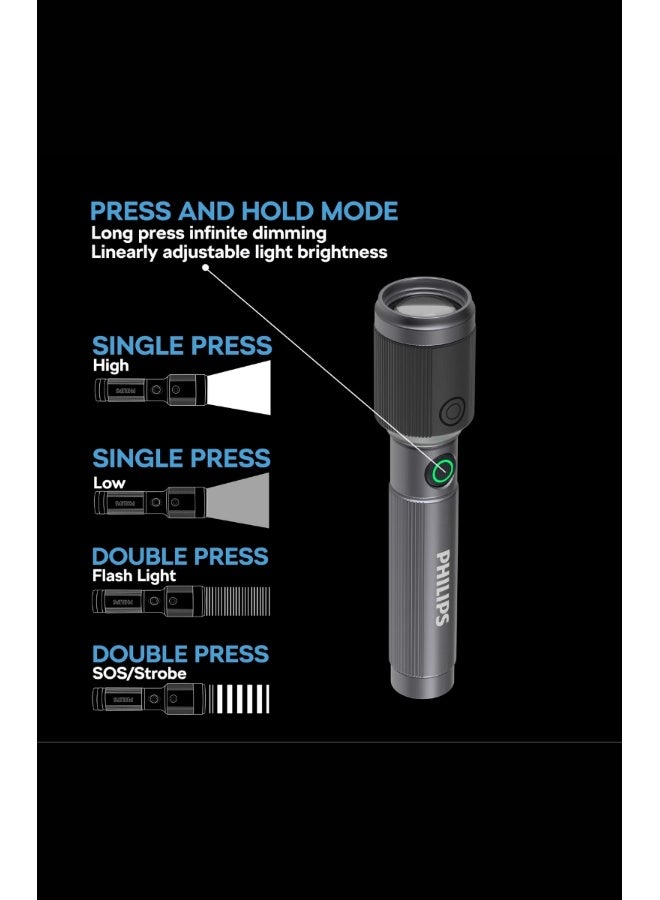 PHILIPS Rechargeable LED Flashlight & Camping Light 400 Lumens | 150m Range | 2200mAh Battery | USB‑C Charging | Stepless Dimming | IP44 Waterproof Portable Torch SFL1183/56 Grey & Black 32×23×149mm - Image 5