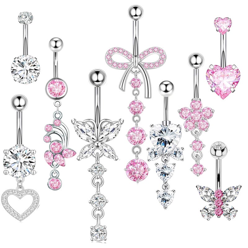 Suotarn 14G Silver Belly Button ring Dangle Surgical Stainless Steel Belly Rings Cute Bow Butterfly Heart Flower Pink Dangling Belly Button Piercing Jewelry For Women Dainty Dangly Navel Ring - Image 1