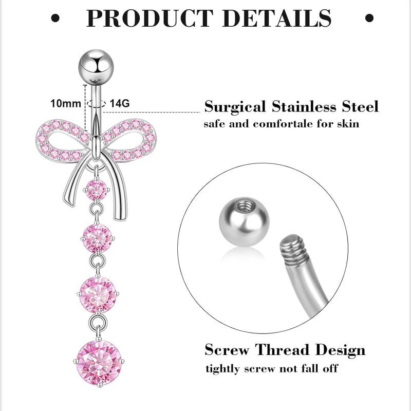 Suotarn 14G Silver Belly Button ring Dangle Surgical Stainless Steel Belly Rings Cute Bow Butterfly Heart Flower Pink Dangling Belly Button Piercing Jewelry For Women Dainty Dangly Navel Ring - Image 3