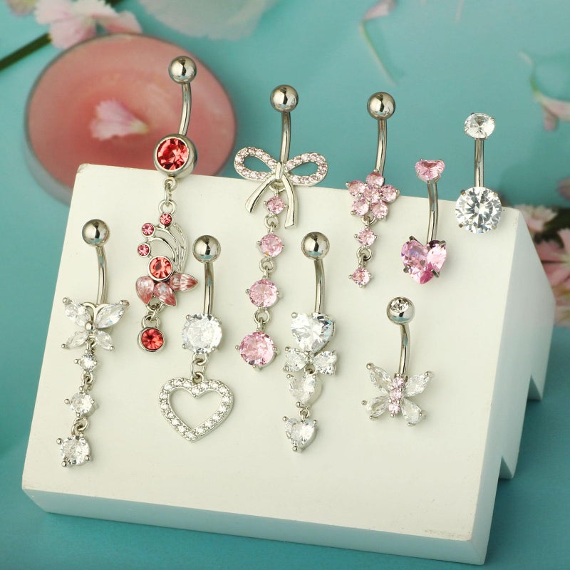 Suotarn 14G Silver Belly Button ring Dangle Surgical Stainless Steel Belly Rings Cute Bow Butterfly Heart Flower Pink Dangling Belly Button Piercing Jewelry For Women Dainty Dangly Navel Ring - Image 2