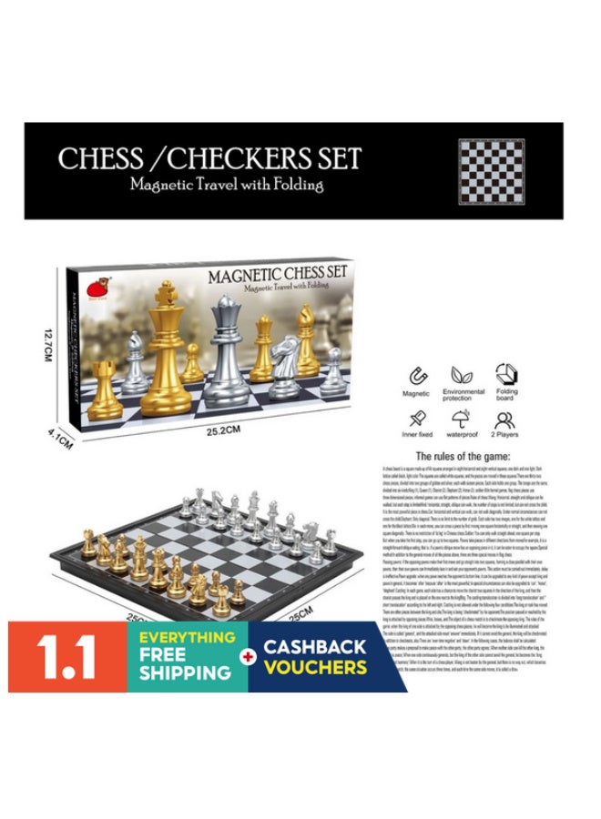 مجموعة شطرنج مغناطيسية فاخرة - مثالية للسفر والتحدي الذهني!  تصميم أنيق بقطع ذهبية وفضية مغناطيسية تمنع الانزلاق أثناء اللعب - لوح قابل للطي لسهولة الحمل والتخزين -مقاومة للماء + حماية داخلية متينة - صديقة للبيئة وآمنة للأطفال والكبار   رائعة للجلسات العائلية  مثالية كهدية مميزة 🎁 - Image 1