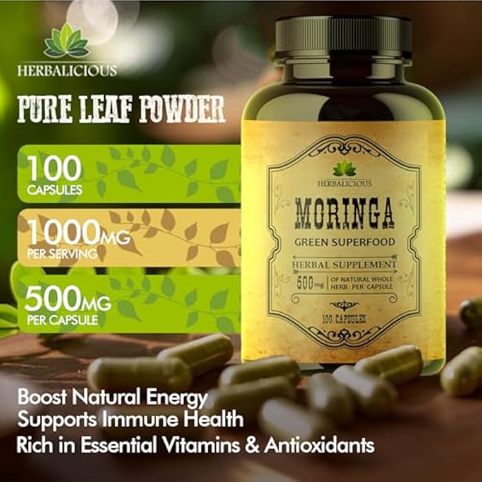 HERBALICIOUS Moringa Pure Capsules – Moringa Oleifera Leaf Powder Supplement – Antioxidant & Amino Acid Superfood for Skin, Hair, Brain & Wellness – 100 Caps, Made in USA - Image 2