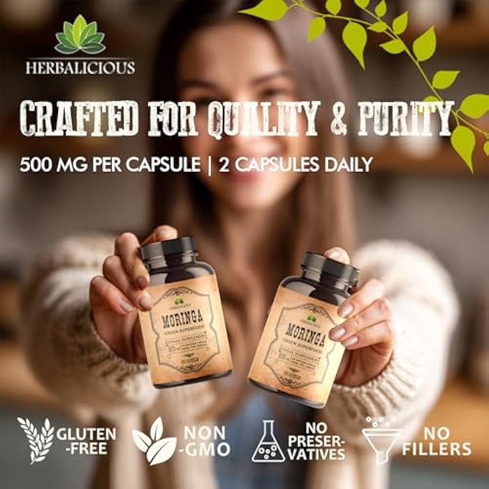 HERBALICIOUS Moringa Pure Capsules – Moringa Oleifera Leaf Powder Supplement – Antioxidant & Amino Acid Superfood for Skin, Hair, Brain & Wellness – 100 Caps, Made in USA - Image 5