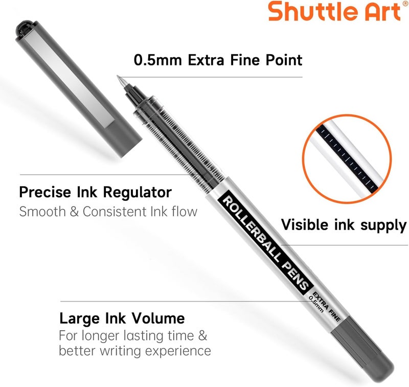 Shuttle Art RollerBall Pens, 25 Pack Black Fine Point Roller Ball Pens, 0.5mm Liquid Ink Pens for Writing Journaling Taking Notes School Office - Image 2