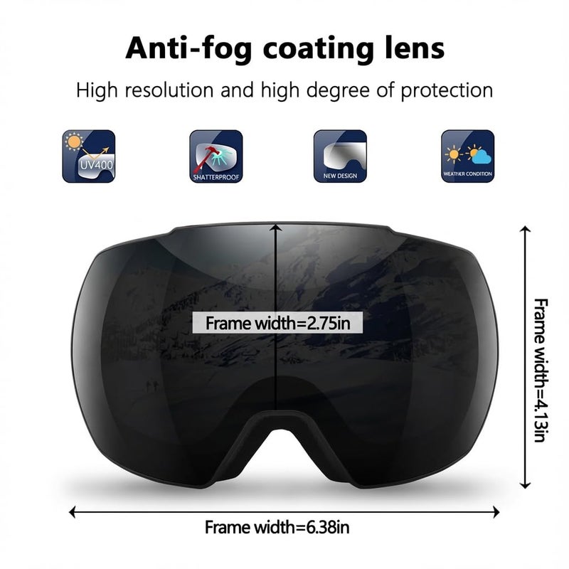 OULAIQI Ski Snow Goggles,OTG UV400 Protection,Anti Fog Skiing,Skating,Snowboarding,Snowboard Goggles For Men Women Youth (Gray) - Image 5