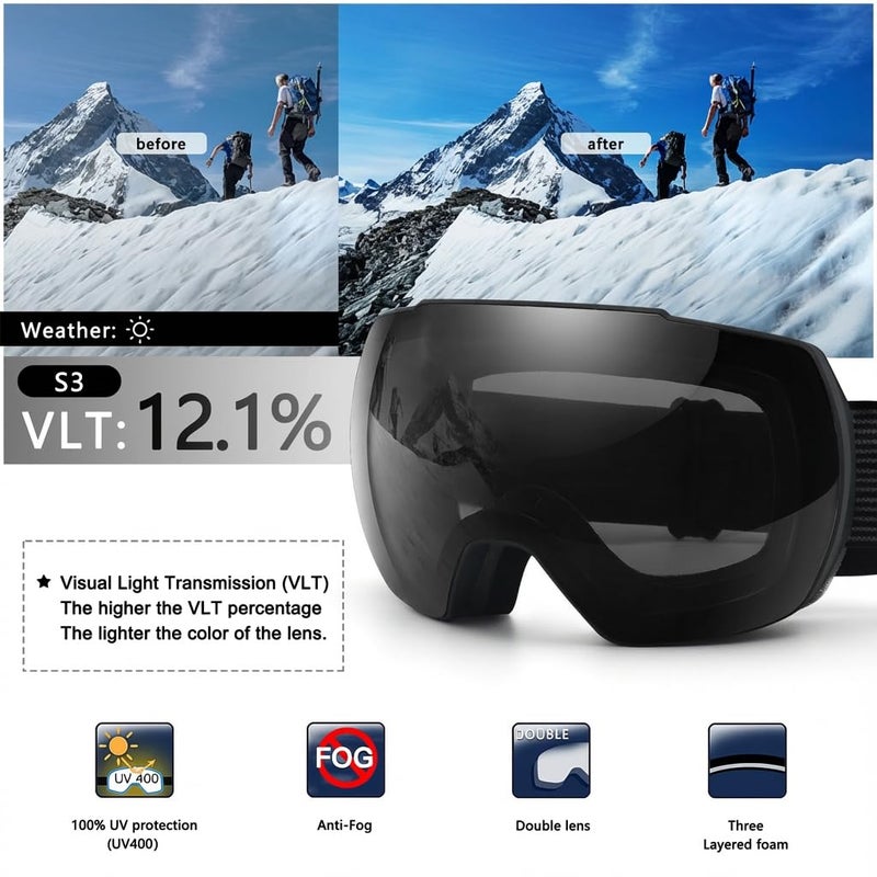 OULAIQI Ski Snow Goggles,OTG UV400 Protection,Anti Fog Skiing,Skating,Snowboarding,Snowboard Goggles For Men Women Youth (Gray) - Image 4