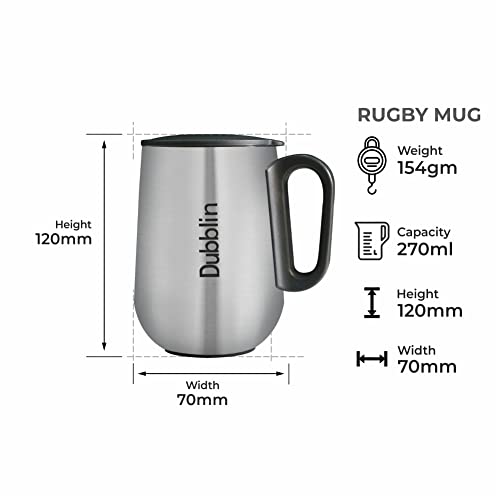 DUBBLIN Rugby Stainless Steel Unbreakable Tea Coffee Mug Double Wall with Handle and Lid, Wide Mouth Mug Keeps Beverages Hot & Cold 270 ML Silver - Image 3
