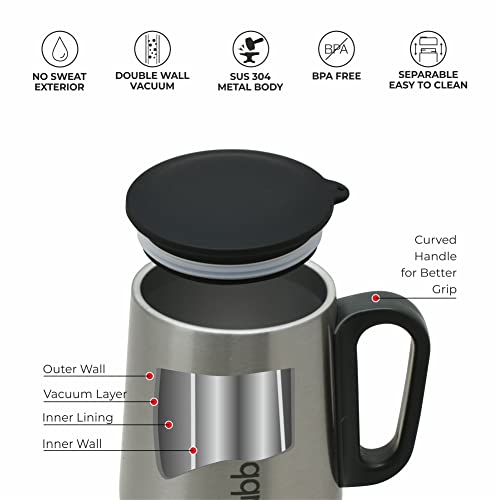 DUBBLIN Rugby Stainless Steel Unbreakable Tea Coffee Mug Double Wall with Handle and Lid, Wide Mouth Mug Keeps Beverages Hot & Cold 270 ML Silver - Image 2